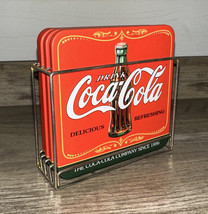 Vintage Set of 4 Red Coca Cola Square Tin Coasters w/ Metal Holder Cork ... - £12.75 GBP