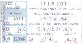 Vintage Gregg Allman Ticket Stub March 24 1985 Hallandale Floride - $41.97