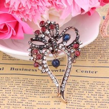 Vintage Bowknot Brooch For Women Antique Gold Natural Stone Hanging Beads Crysta - £7.24 GBP