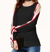 allbrand365 designer Womens Striped Sleeve Cold Shoulder Top, Small - £25.71 GBP