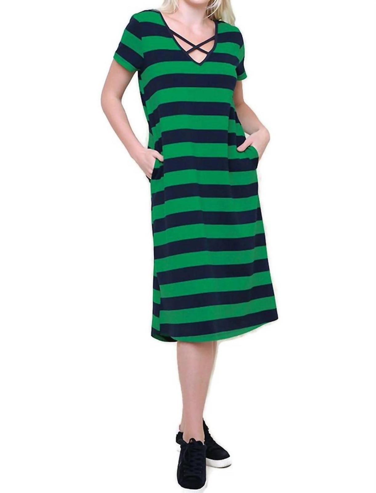 Umgee Striped T-Shirt Midi Dress Green / Navy - $50.00