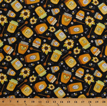 Bees Honeybees Honey Jars Flowers Black Cotton Fabric Print by the Yard D465.34 - £9.70 GBP