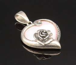 925 Silver - Vintage Mother Of Pearl Love Heart &amp; Rose Flower Pendant - ... - $38.65