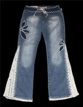 VTG Crest Crocheted Bellbottom Sides Patched Flowers Low-Ride Jeans Wm&#39;s... - $48.99