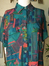 C.M. Shapes Multi Color Geometric Rayon Button Front Top Shirt Blouse Sz M  - $17.77