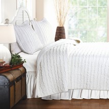 King size 3-Piece Quilt Set with 2 Pillow Shams 100% Cotton White Ruffles - £177.99 GBP