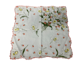 Vintage White Yellow Daffodils Orange Flowers Handkerchief Hankie Vintage Floral - £7.54 GBP