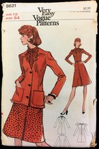 Uncut 1970s Size 12 B 34 EASY A Line Dress Jacket Vogue 8621 Pattern Pussy Bow - $6.99