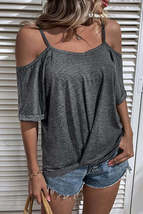 Gray Spaghetti Straps Off-shoulder Pleated Short Sleeve Top - £12.05 GBP+