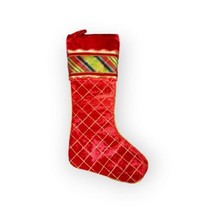 Christmas Stocking Red Velvet Diamond Quilted Gold Embroidered Plaid 23&quot;... - £22.87 GBP