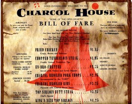 Charcoal House Menu Green Bay &amp; Belvidere Roads Waukegan Illinois 1960&#39;s - £28.56 GBP