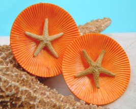 Vintage Starfish Tropical Earrings Round Tangerine Orange Clip-Ons - £15.95 GBP