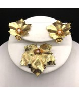 Vintage Golden Leaf Jewelry with Seed Pearl, Dimensional Texture, Clip O... - £28.15 GBP