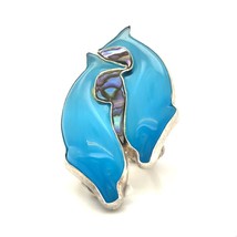Vtg Sterling Signed Sajen Ocean Blue Two Dolphin Fiber Optic Abalone Ring 8 1/2 - £110.77 GBP