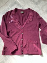 Eddie Bauer Long Sleeve Cotton Cardigan Sweater Ribbon Embroidered Maroo... - $25.85