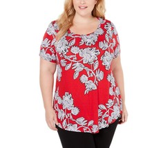 JM Collection Womens Plus 3X Red Garden Print Short Sleeve Top NWT AD35 - £17.65 GBP