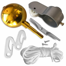 Flag Pole Parts Repair Kit 2&quot; Dia Truck Pulley Gold Ball Cleat Clip Rope Us Flag - £19.79 GBP