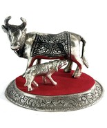 Oxidized White Silver Metal Religious Cow and Calf Figure 5.5” Long 4” Tall - $11.23
