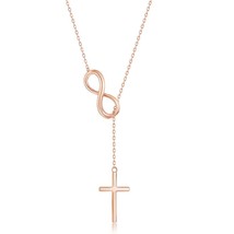 Center Infinity with Hanging Chain and Cross Necklace - Rose Gold Plated - £36.07 GBP