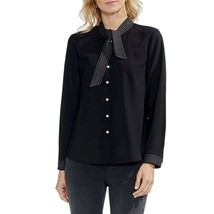 NWT Womens Size XS Vince Camuto Black Stitched Tie Neck Button Front Blouse Top - £22.18 GBP