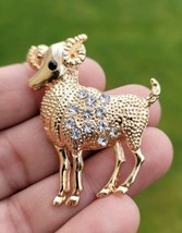 Aries brooch ram vintage look gold plated zodiac broach astrology luck pin k29 - $22.58