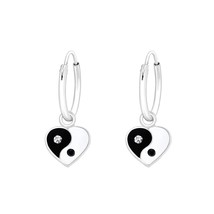 Hanging Yin Yang Heart 925 Silver Hoop Earrings with Crystals - £13.19 GBP