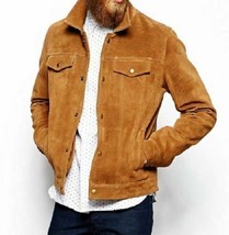 Men Tan Color Western Genuine Suede Leather Front Button Closure Handmade Jacket - £125.33 GBP