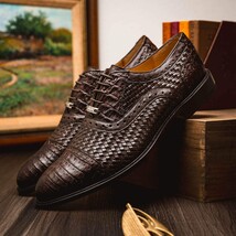 John Classic Oxford Woven Calfskin Genuine Caiman Crocodile Brown image 8