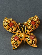 Vintage Avon Marked Large Goldtone Bulbous Cut-Out BUTTERFLY w Rhinestone &amp; Faux - £11.66 GBP