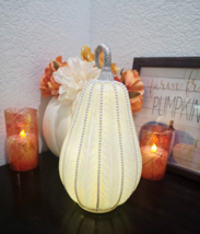 FALL THANKSGIVING Faux Pearl Ivory Rhinestones LED Glass Pumpkin Figurin... - $46.52