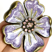 Purple Enamel Flower Power Brooch Pin Pink Rhinestones Brass Tone Metal 1.8in - £10.31 GBP