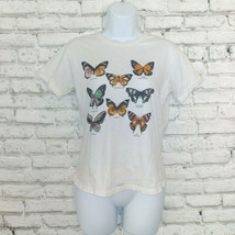 Dirtee Laundry T Shirt Womens XS Ivory Butterfly Tee Cotton Cuffed Crew Neck - £11.73 GBP