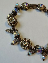 Vintage Silver Rose Flower Bracelet Iridescent Clear Rhinestones Hearts READ - £29.23 GBP