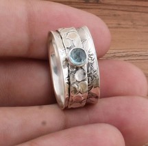Hand Hammered Spinner Ring Blue Topaz Gemstone Ring, Fidget Anxiety Spinner Ring - £36.60 GBP