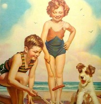 Children Terrier Dog Puppy Seagulls On Beach Art Print Vintage 1940s Ocean Waves - £10.32 GBP