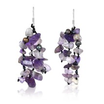 Shades of Purple Amethyst Pieces and Pearls Sterling Silver Dangle Earrings - £9.33 GBP