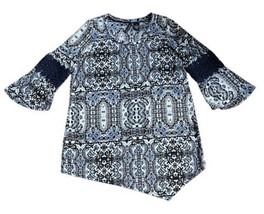 New Directions Top Boho Blue Floral Crochet Lace Bell Sleeve Stretch Siz... - £15.02 GBP