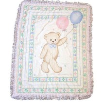 Vintage Baby Girl Quilt Blanket Lace Edge Teddy Bear Balloons Hand Stitched - £58.43 GBP