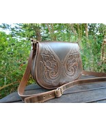 Handmade Greek Leather Bag with Embossed Floral Pattern - £104.66 GBP