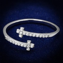 Dainty Simulated Diamond Religious Cross Over Open Band 925 Sterling Silver Ring - £53.55 GBP