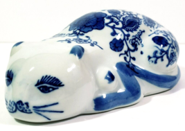 Floral Laying Cat Figurine Decoration 9&quot; Long Ceramic Blue - $242.13 MXN