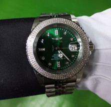 green dial steel automatic diamond watch exhibition case &amp; adjustable br... - $1,499.90