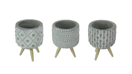 Set of 3 Geometric Circle Design Cement Mini Planters With Wooden Legs - £27.62 GBP