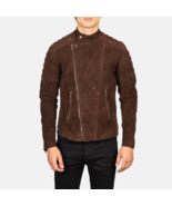Men&#39;s Brown Suede Slim Fit Biker Motorcycle Leather Jacket - Handmade Ja... - $189.99