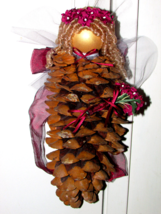 PINE CONE angel - ornament 13&quot; tall white/burgundy (sew rm) - £7.54 GBP