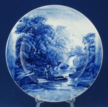 Antique Blue &amp; White Cauldon Scenic 10.5&quot; Dinner Plate 7023 Fisherman #5 England - £18.79 GBP