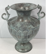Vtg Beautiful 13&quot; Metal Vase/Urn Scroll Handles Faux Green Patina India - £15.53 GBP