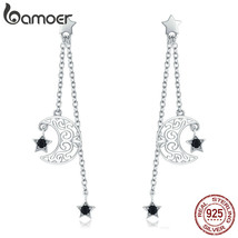 Trendy New 925 Silver Star And Moon Long Chain Drop Earrings for Women Black CZ  - £18.69 GBP