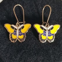 Yellow Blue White Gold Enamel Butterfly Pierced Hoop Earrings vintage Taiwan - £6.46 GBP