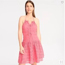 New Women J Crew Pink Eyelet Halter Tie Low Back Button Fit Flare Mini Dress 2 - £47.47 GBP